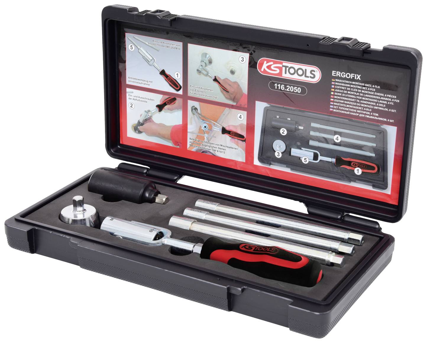 Boîte à outils ouverte. Contient une clé dynamométrique, des rallonges et des adaptateurs. Notice d'instructions sur le couvercle.