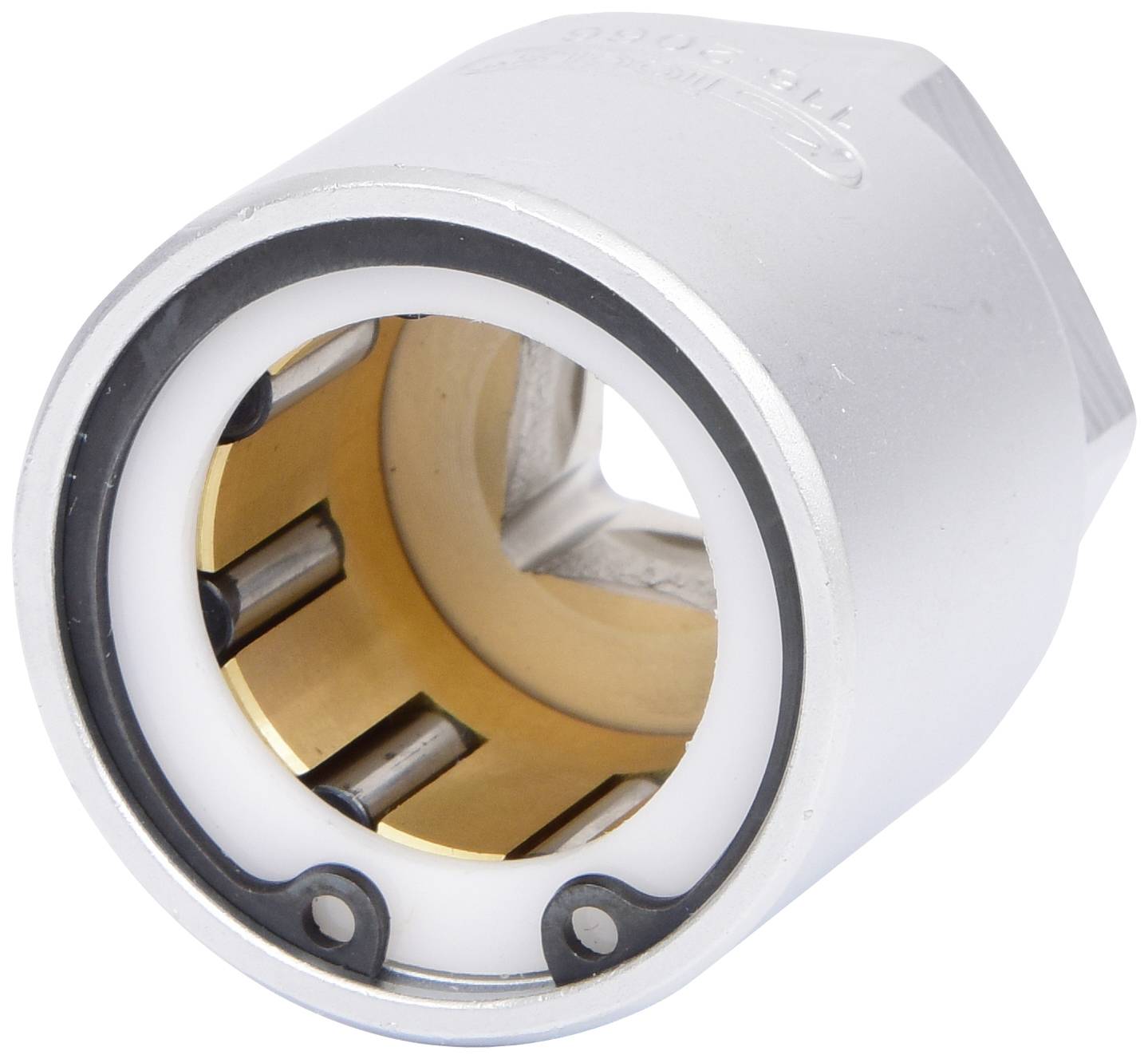 Gros plan d'un roulement à rouleaux cylindrique en métal avec des éléments de roulement internes permettant un mouvement libre.