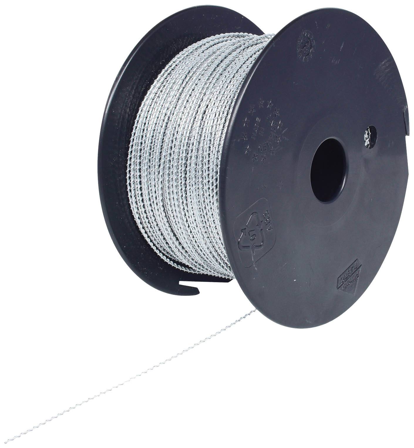 Un câble à bobine avec un fil d'argent sur un support rond noir. Le fil est partiellement déroulé et pend vers le bas.