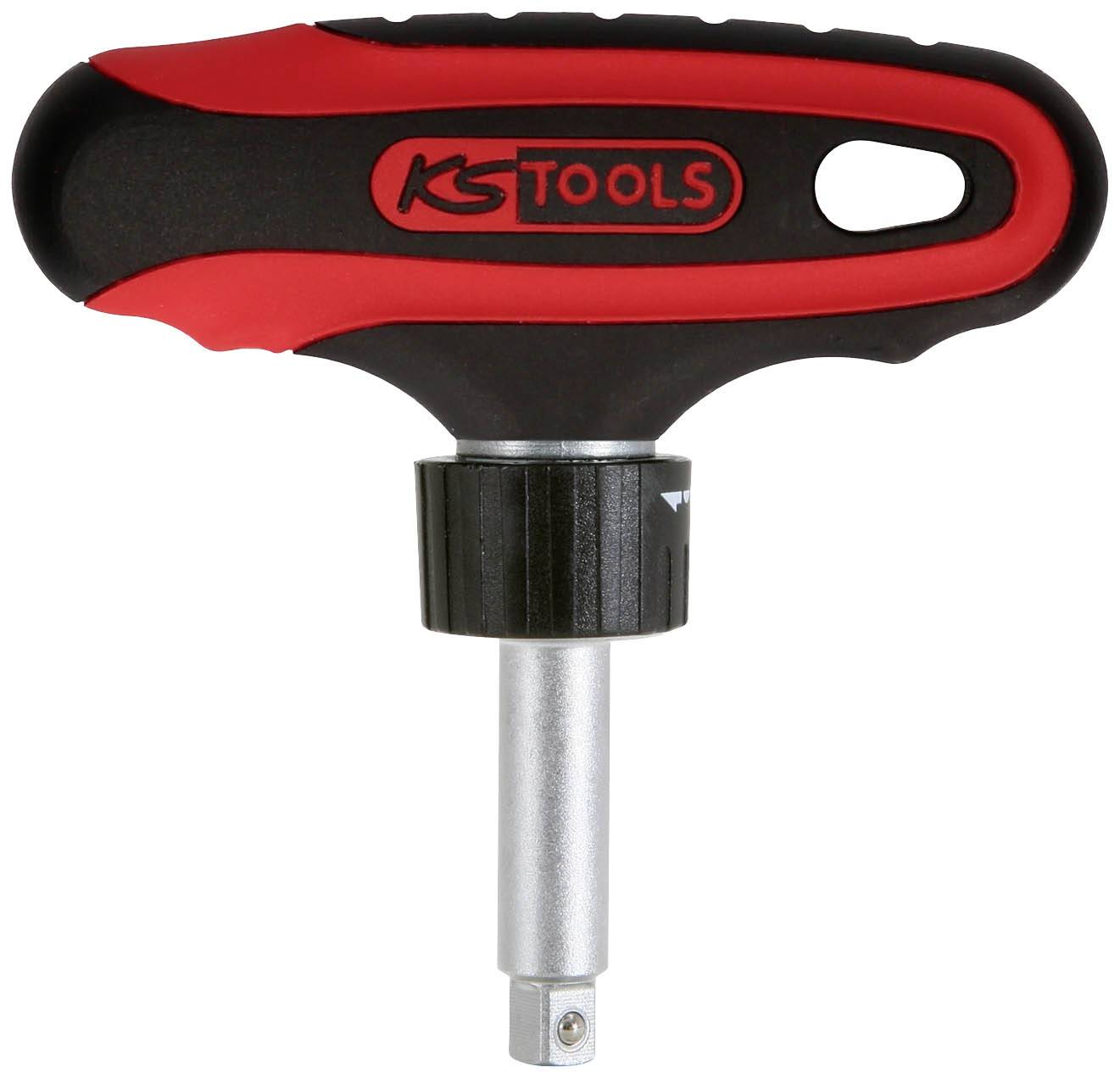 Une clé dynamométrique en T de KS Tools avec poignée rouge et noire, adaptée pour le serrage précis des vis.