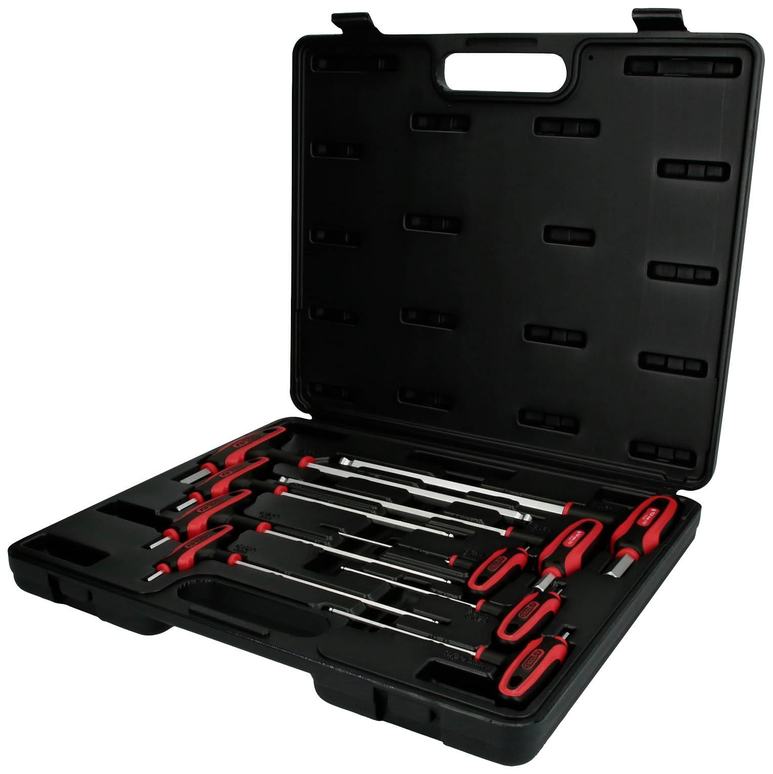 Une valise noire contient un ensemble de neuf tournevis avec des poignées rouges, soigneusement rangés dans des supports en mousse.