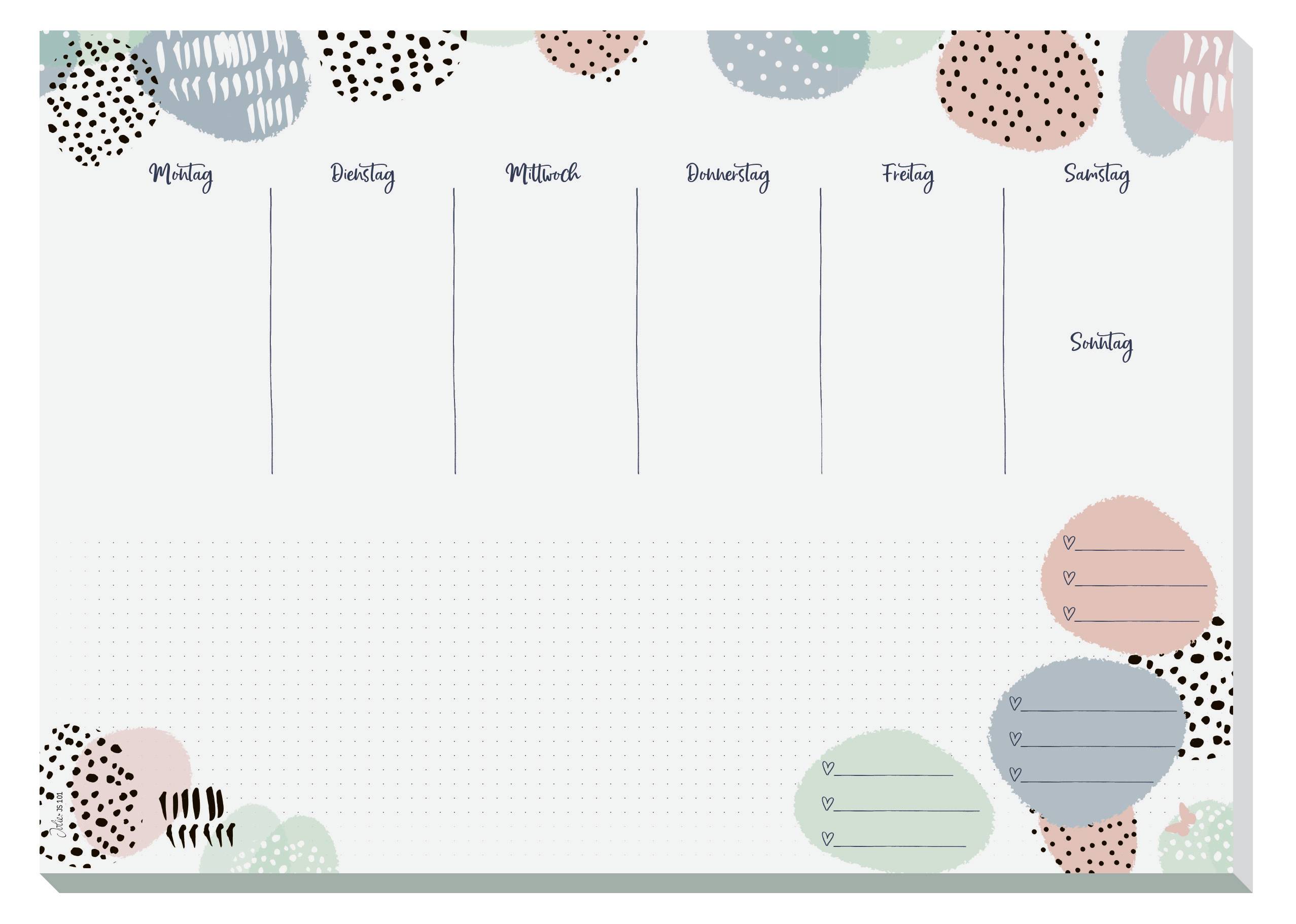 Planificateur hebdomadaire du lundi au dimanche, avec un espace pour prendre des notes chaque jour. Des motifs abstraits et colorés décorent l'arrière-plan.