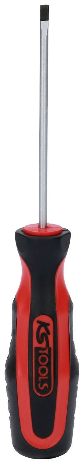Un tournevis à fente simple avec une poignée rouge et noire.