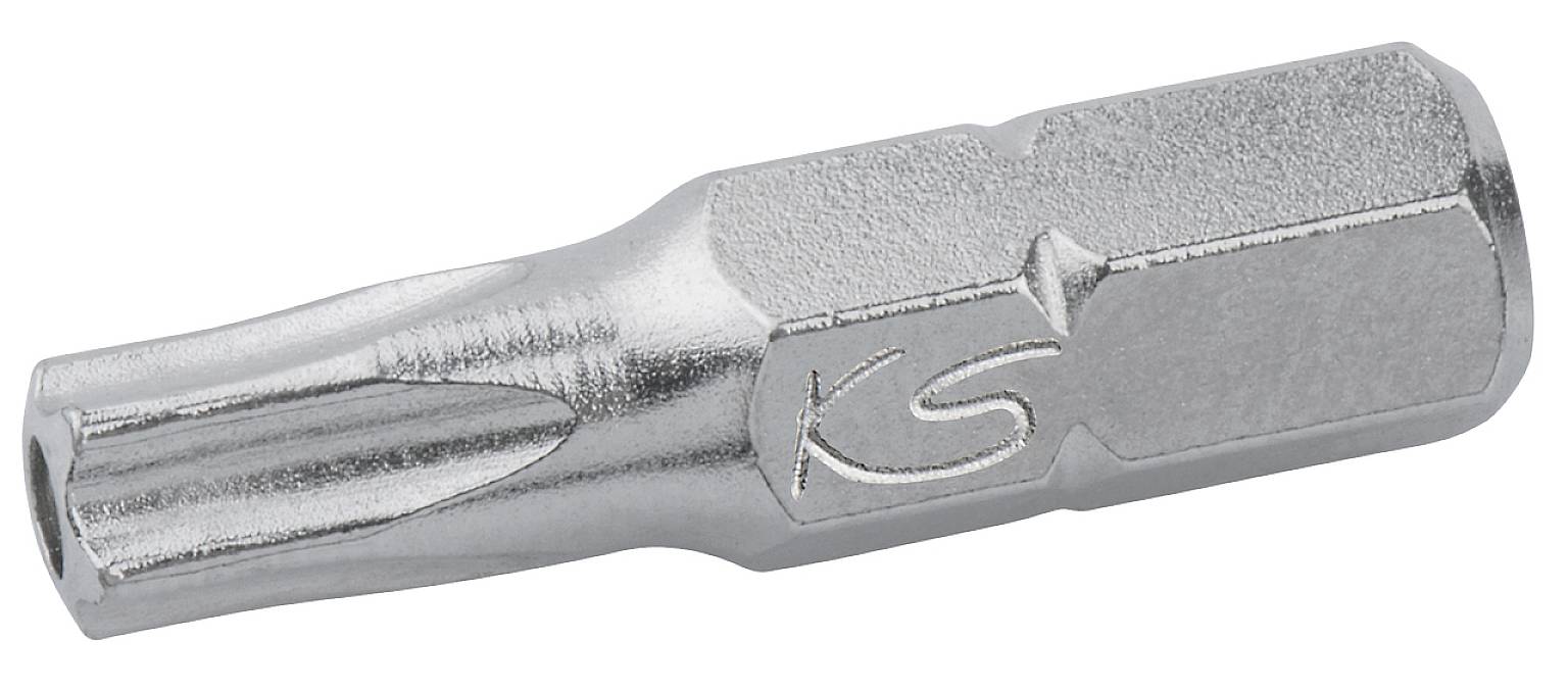 Un embout de tournevis en argent avec base hexagonale et pointe Torx. La gravure 'KS' est visible sur le côté.