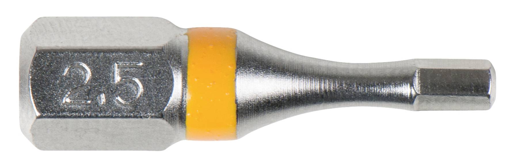 Embout de tournevis gravé '2.5', argenté avec un anneau orange près de la base. Idéal pour des travaux précis.