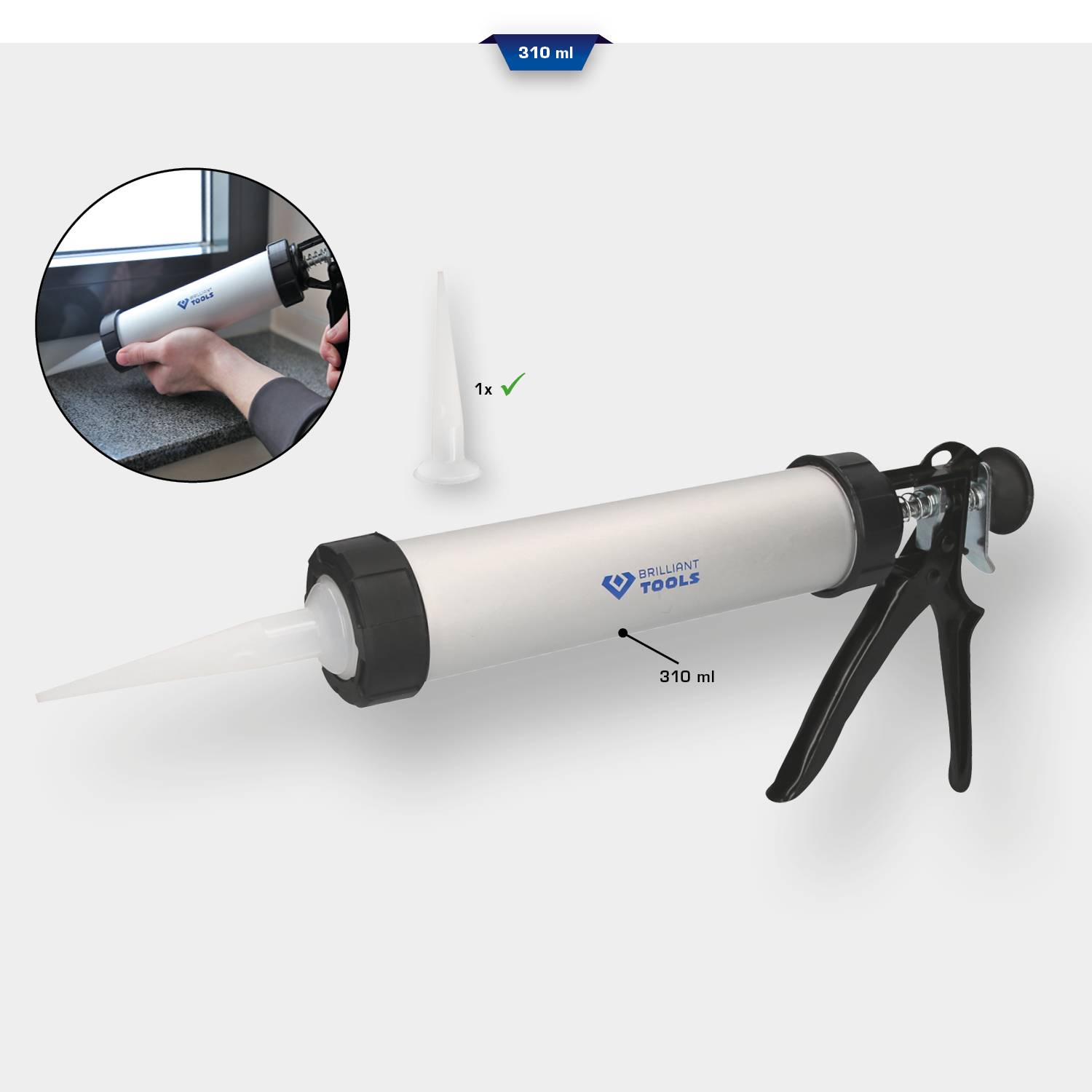 Cartouche avec un pistolet à mastic et un embout, capacité de 310 ml. Une main montre l'application de mastic sur une fenêtre.