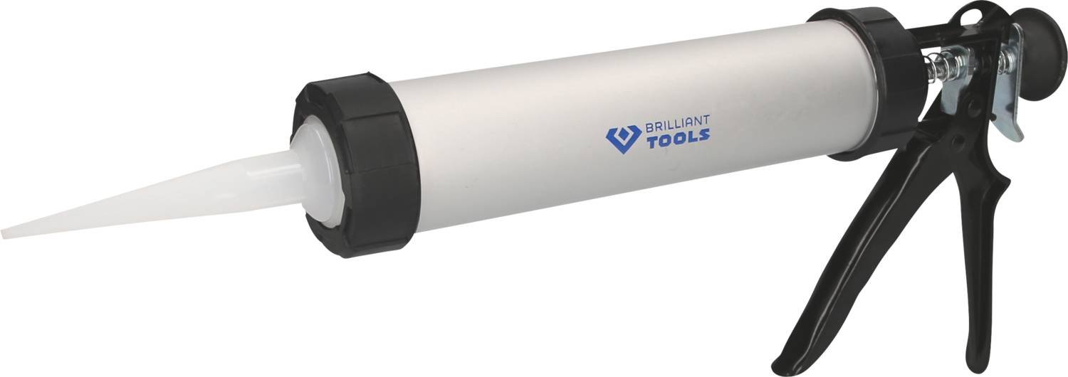Un pistolet à cartouche blanc avec une poignée noire est présenté. Il porte l'inscription 'Brilliant Tools' en bleu.