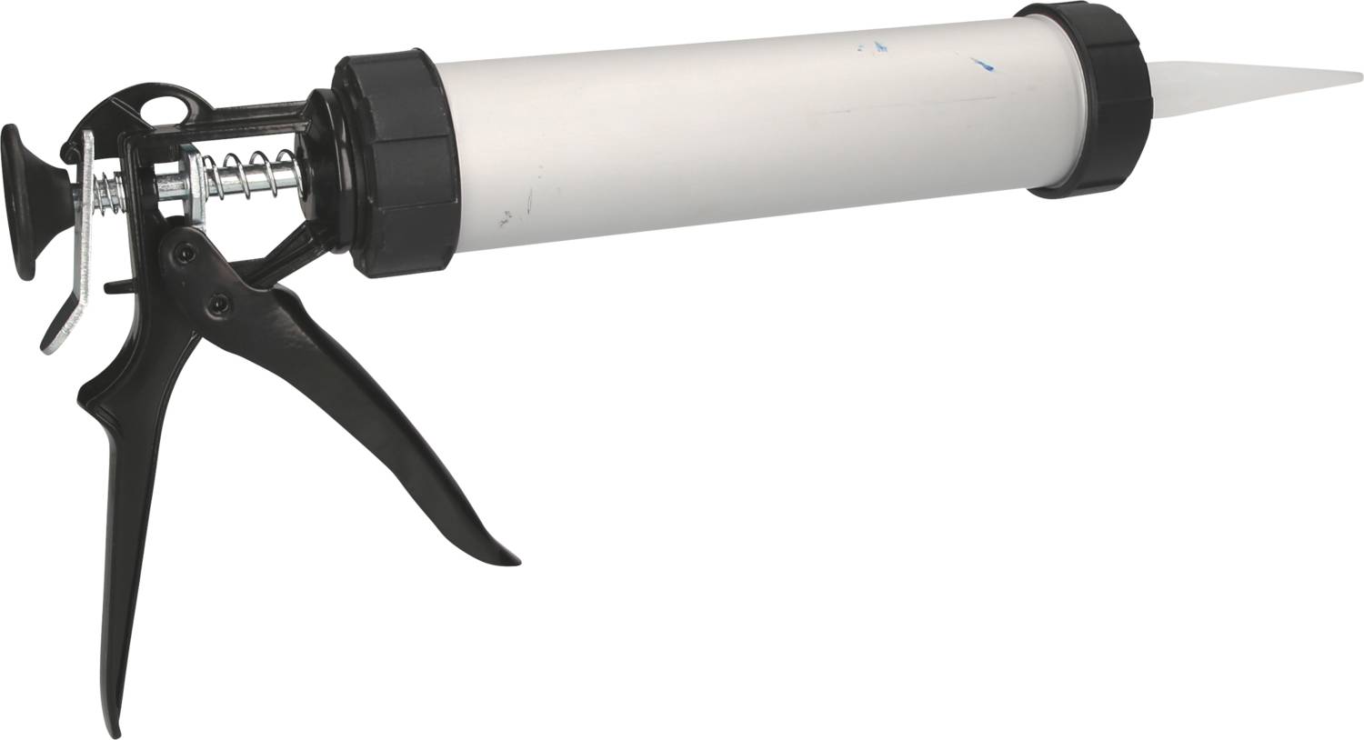 Un pistolet à cartouche blanc avec une poignée et une détente noires est présenté sur un fond neutre.