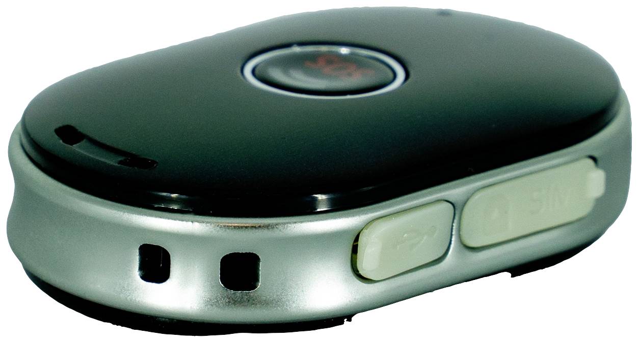 Appareil portable compact au design ovale, avec un bouton d'appel d'urgence au centre. Probablement un traceur GPS ou un dispositif SOS.