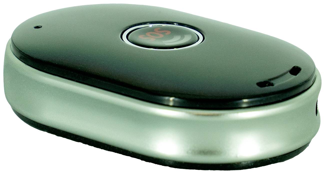 Un bouton SOS noir et ovale sur un boîtier argenté, probablement un dispositif portable d'appel d'urgence.