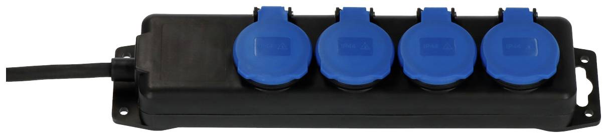 Une multiprise noire avec quatre capuchons de protection bleus. Idéale pour une utilisation en extérieur ou dans les ateliers.