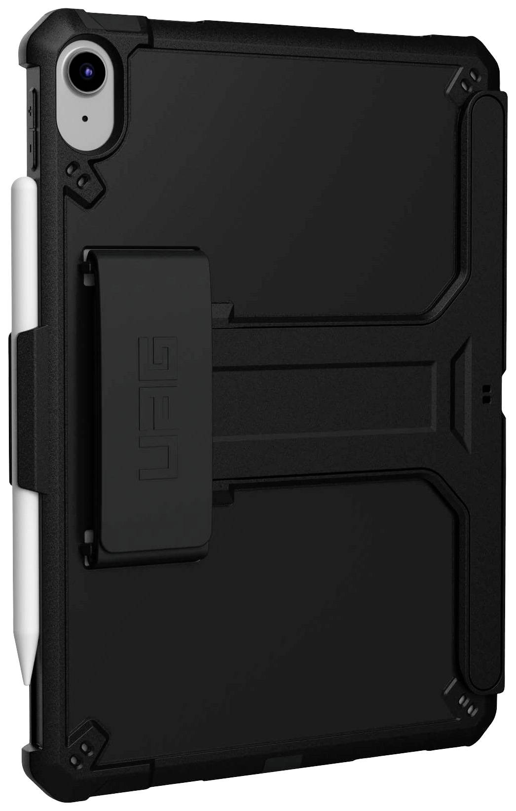 Étui de protection noir avec support intégré pour stylet, adapté à une tablette, offrant une protection robuste et des fonctionnalités pratiques.