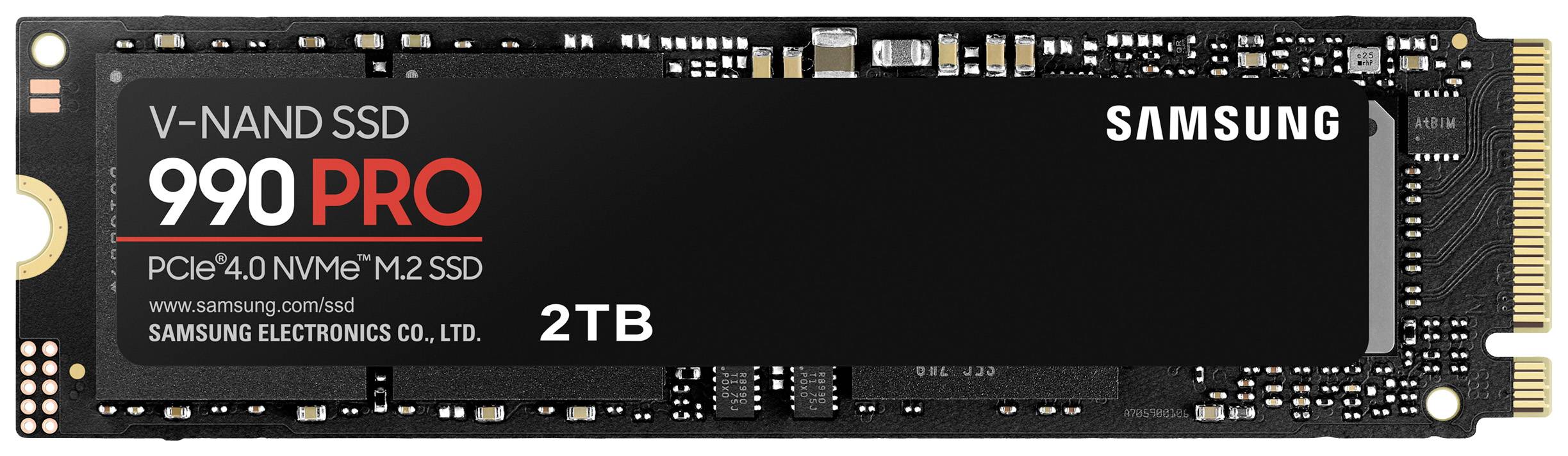 Carte SSD avec l'inscription « V-NAND SSD 990 PRO PCIe 4.0 NVMe M.2 SSD, 2 To, Samsung Electronics Co. Ltd. »