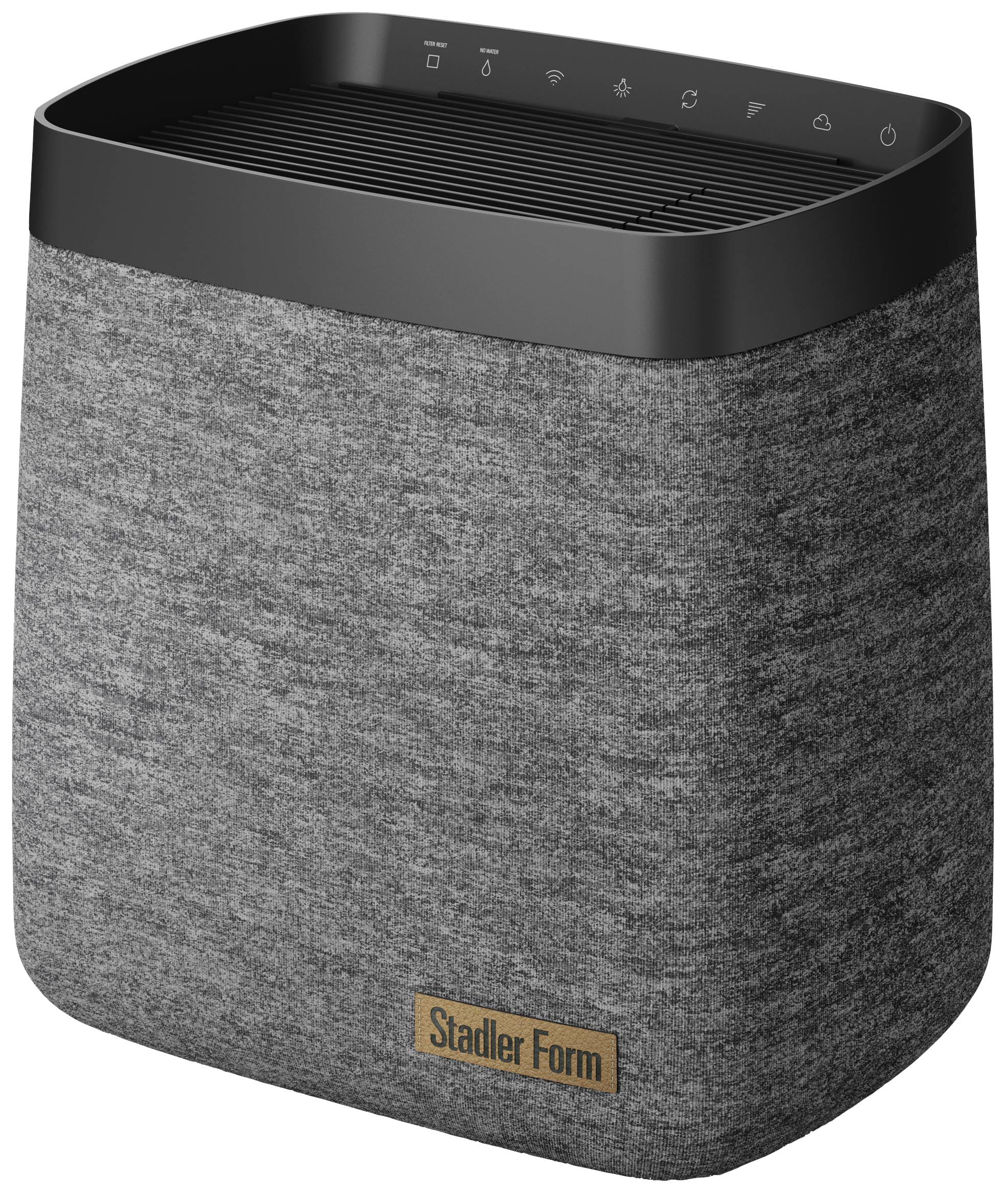 Purificateur d'air de Stadler Form avec boîtier en tissu gris et éléments de commande noirs sur le dessus.