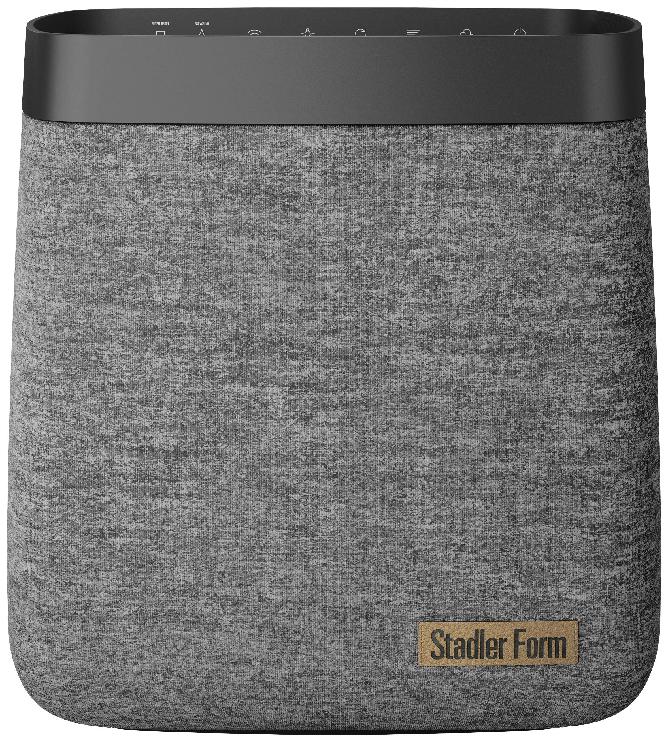 Un purificateur d'air gris portant l'inscription 'Stadler Form'. Design épuré et moderne avec des angles arrondis.