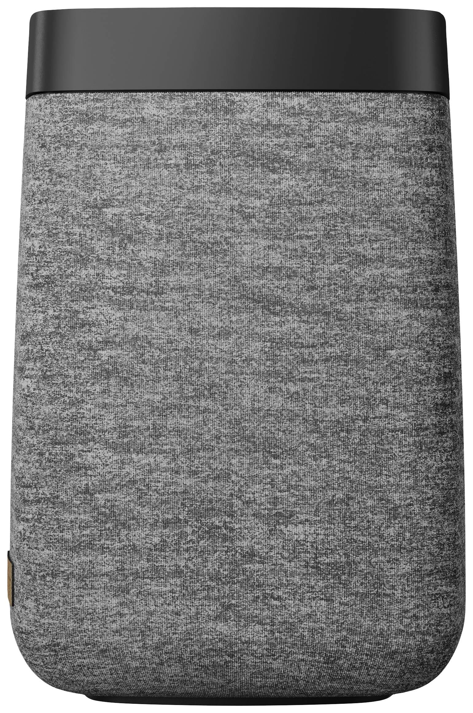 Haut-parleur gris cylindrique avec un bord noir en haut. Le haut-parleur a une surface semblable à du tissu.
