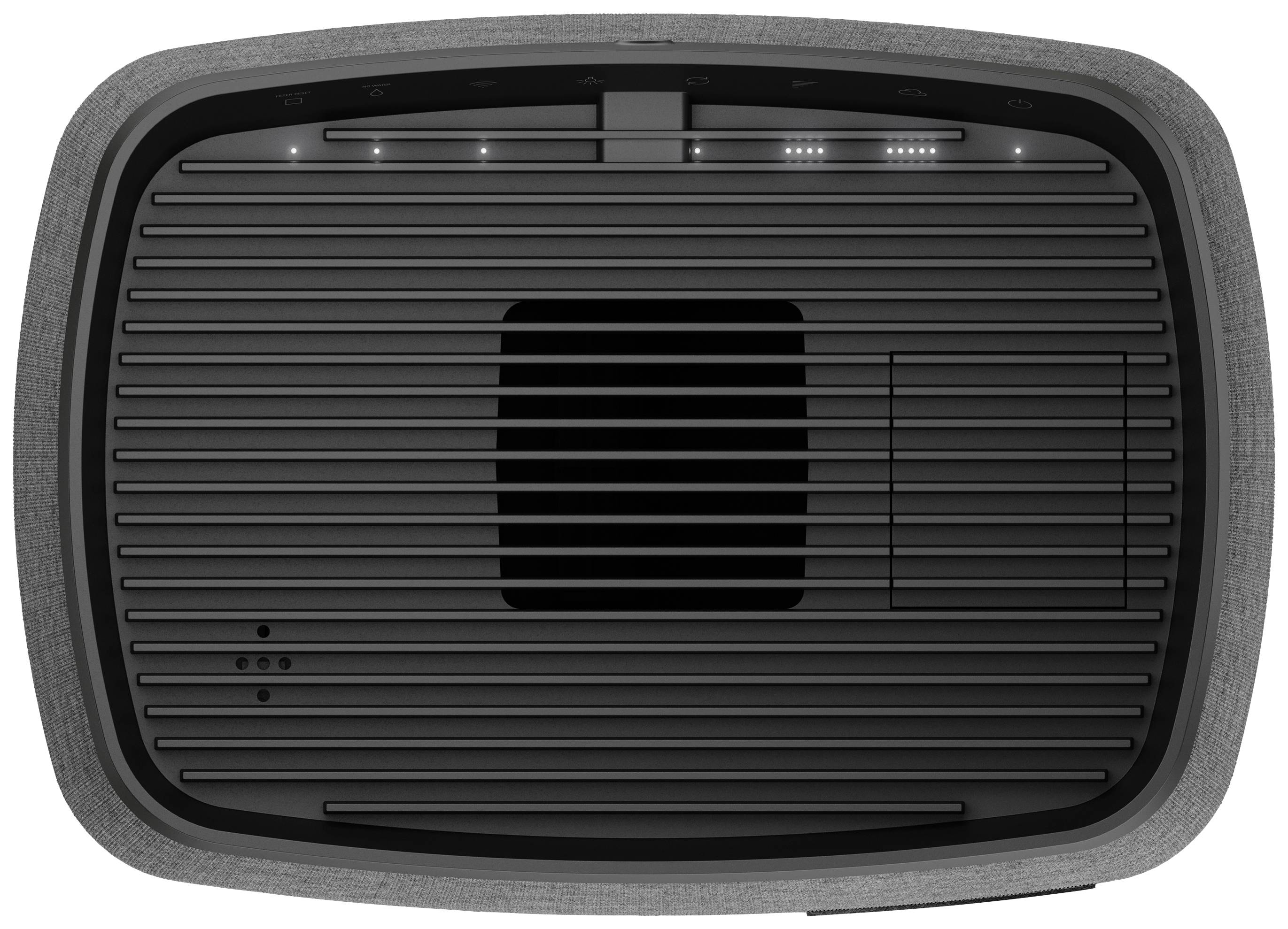 Purificateur d'air vu de dessus avec grille de ventilation et panneau de commande. Les touches indiquent différentes fonctions, notamment l'admission d'air et l'état du filtre.