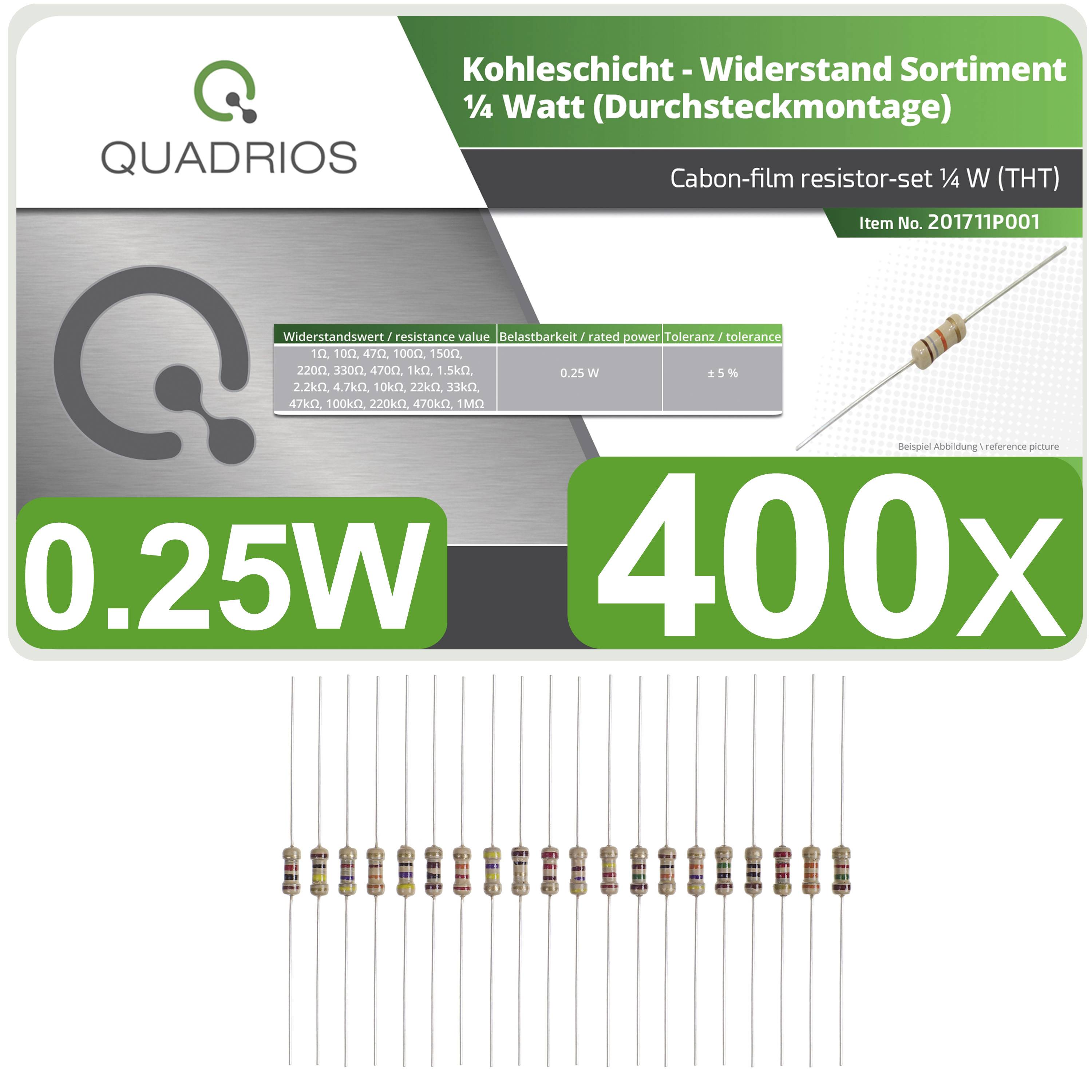 QUADRIOS Assortiment de résistances à couche de carbone 1/4 Watt, 400 pièces. Résistances à film de carbone de 0,25 Watt.