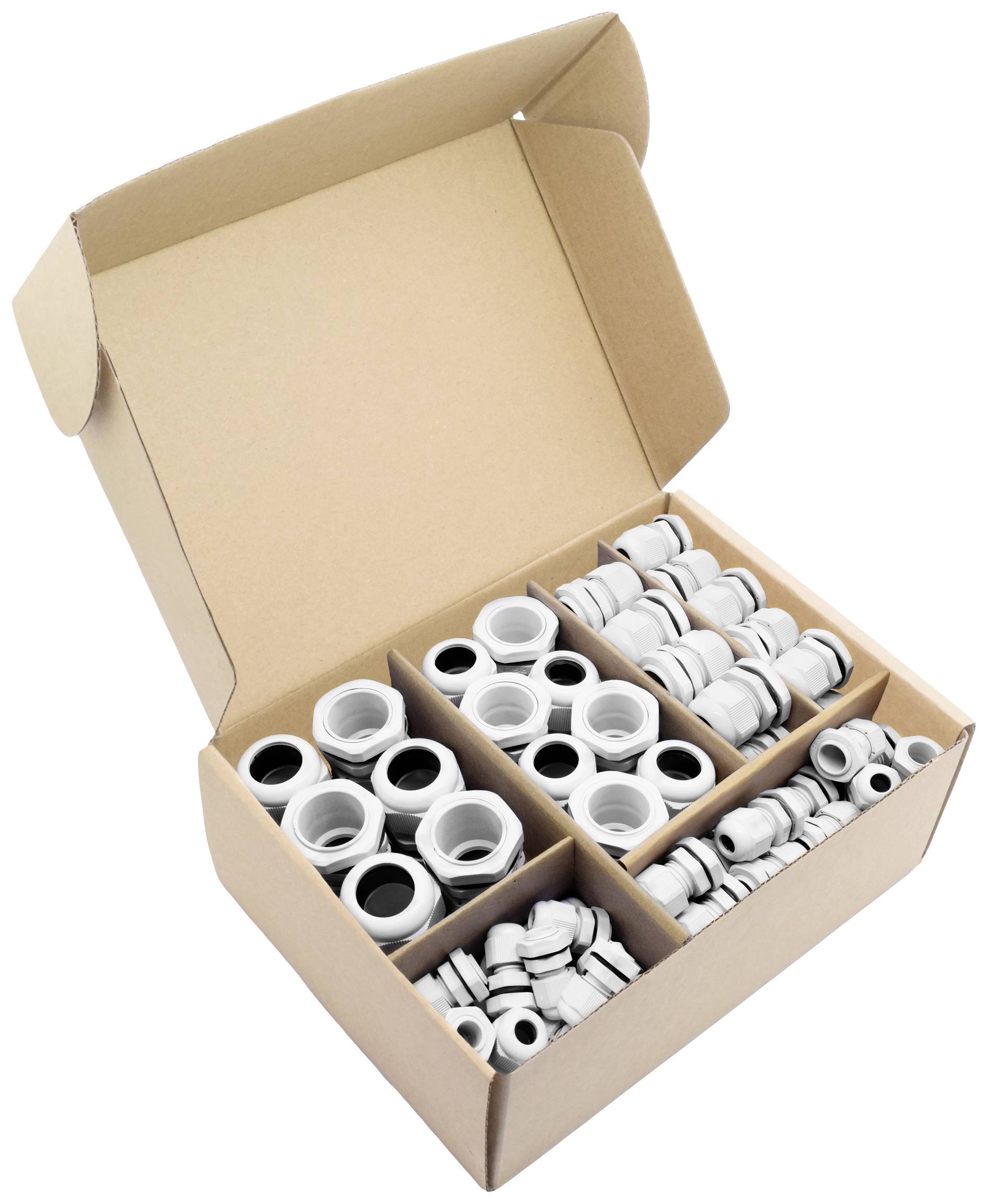 Un carton ouvert présente six compartiments contenant des vis et des joints en plastique blanc de différentes tailles.