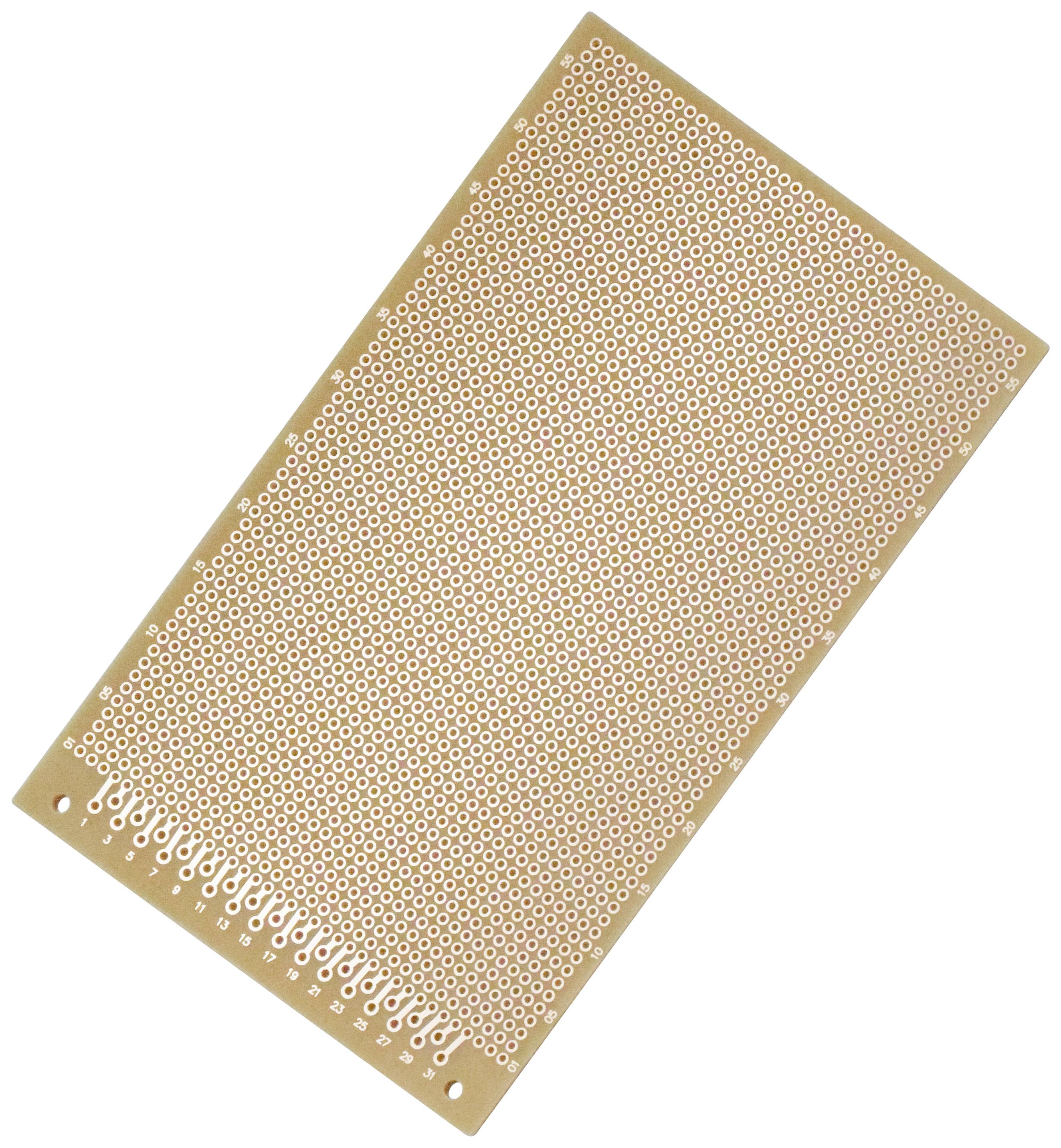 Une plaquette de prototypage vierge rectangulaire avec de nombreux trous de cuivre uniformément répartis, utilisée pour le montage de composants électroniques.