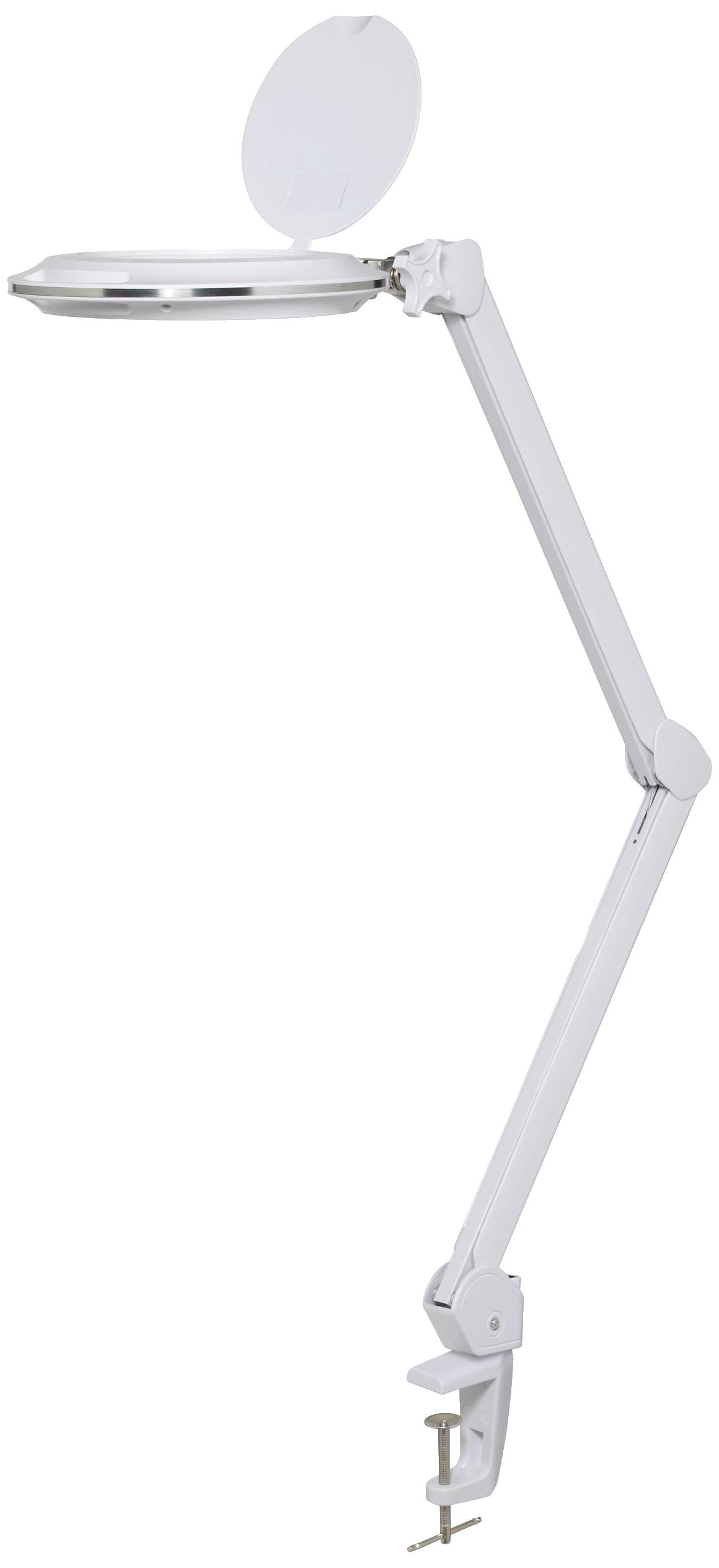 Lampe de bureau blanche avec bras articulé et loupe, fixée par une pince permettant un positionnement flexible sur une table.