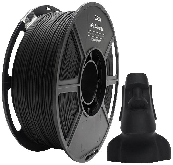 Bobine de filament noir eSun ePLA-Matte et une petite statue de Moaï réalisée dans le même matériau, symbolisant l'impression 3D.