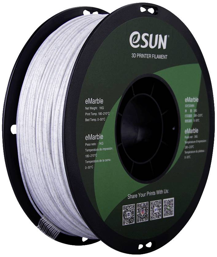'Rouleau de filament pour imprimante 3D, type eMarbre de eSUN. Poids net : 1 kg, Température d'impression : 180-220°C, Température du plateau : 0-50°C.'