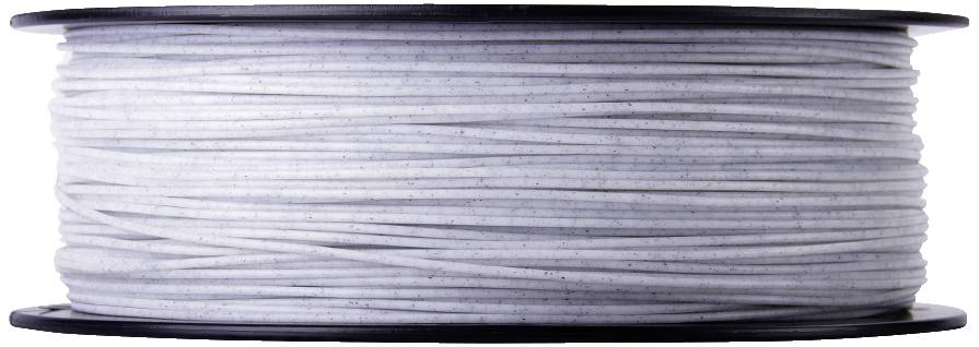 Un rouleau de filament d'imprimante 3D gris, soigneusement enroulé entre deux disques noirs.