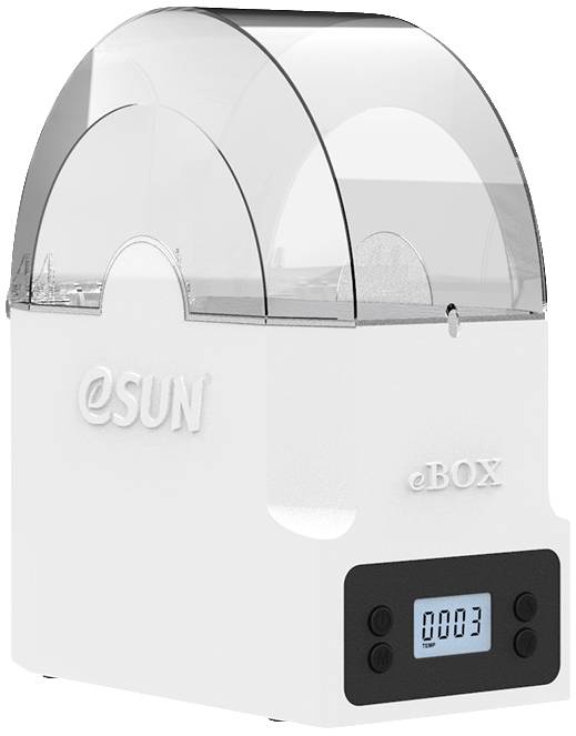 Boîte en plastique blanc avec un couvercle incurvé et transparent, affichage numérique à l'avant indiquant '0003'. Nom du produit 'eBOX' de 'eSUN'.