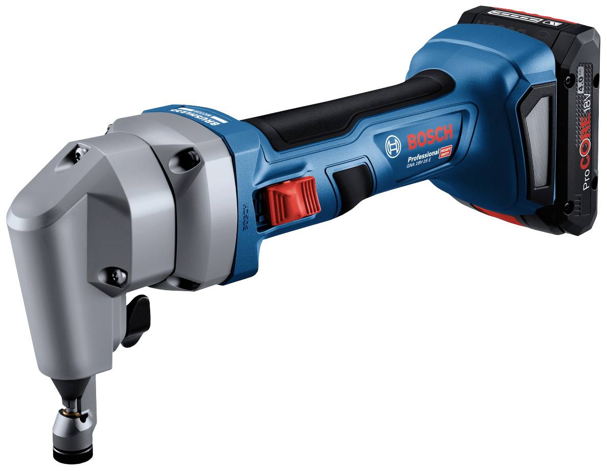Un outil électrique sans fil Bosch bleu, numéro de modèle 'GNA 18V-16', pour le travail des métaux, avec un bouton rouge et une batterie à l'extrémité.