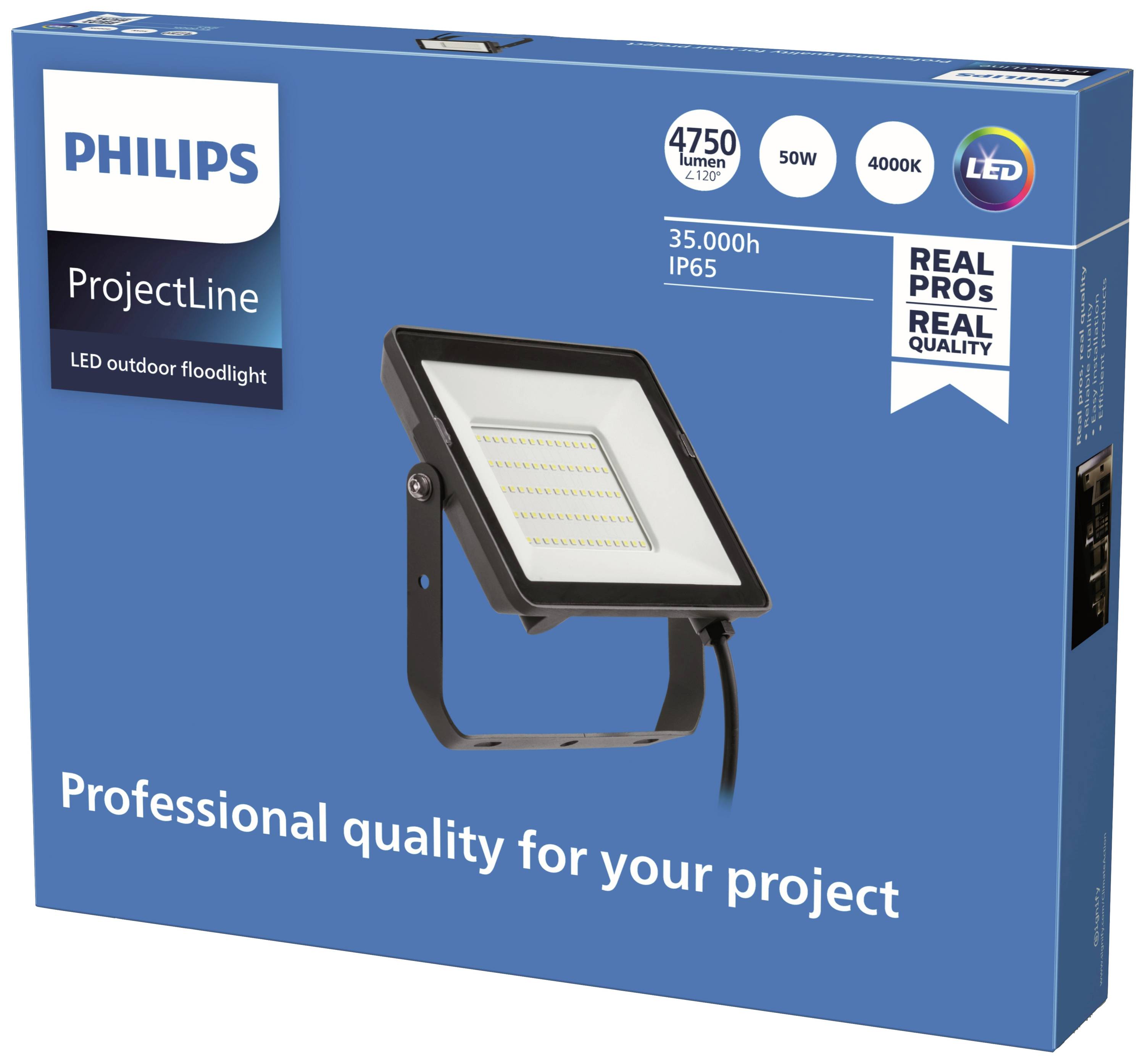 L'emballage d'un projecteur LED Philips extérieur, 50W, 4750 lumens, 4000K, IP65, met en avant 'Qualité professionnelle pour votre projet'.