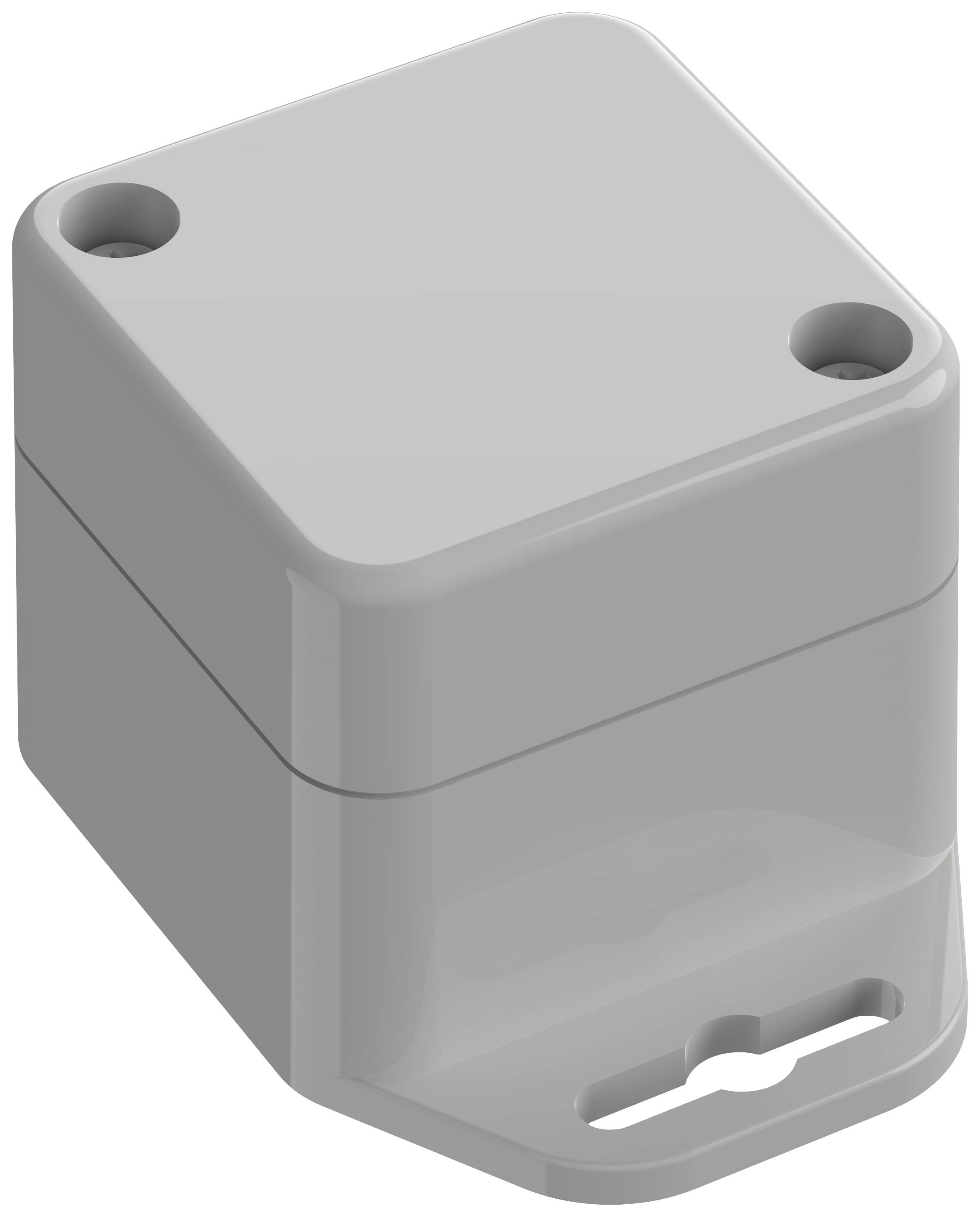 Boîtier en plastique gris rectangulaire avec deux trous sur un côté, probablement destinés à la fixation.
