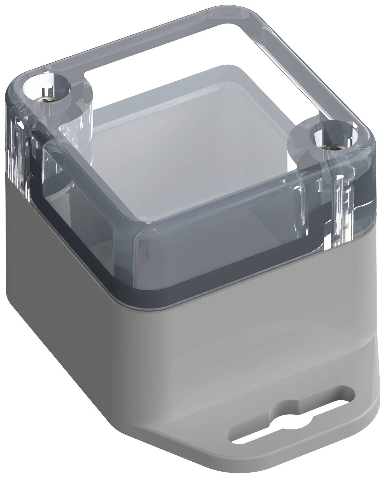 Un récipient en plastique transparent, rectangulaire, doté de deux trous de fixation sur les côtés et d'un couvercle amovible sur le dessus.