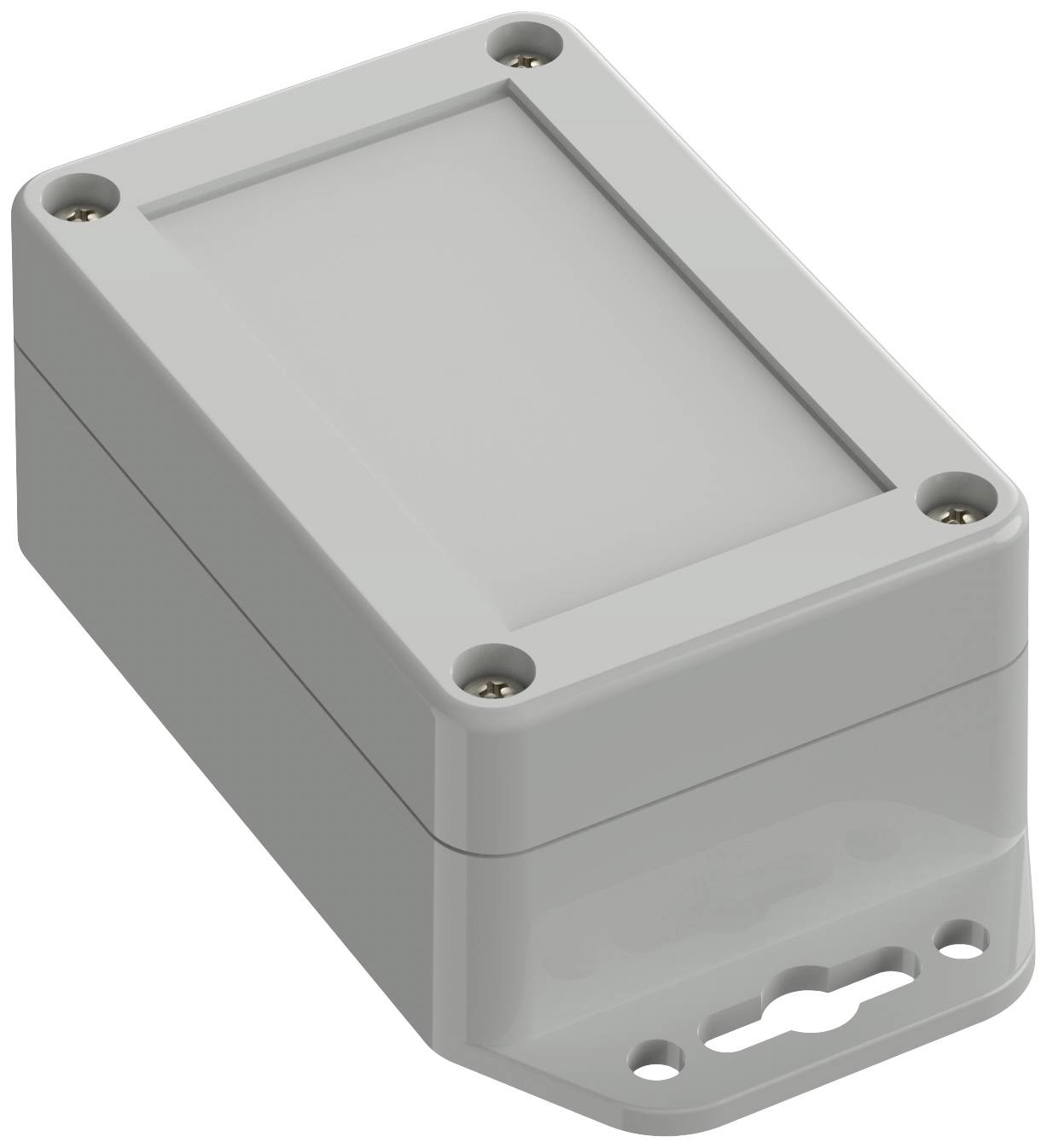 Boîtier rectangulaire en plastique gris avec des vis aux coins, adapté pour des composants électroniques.