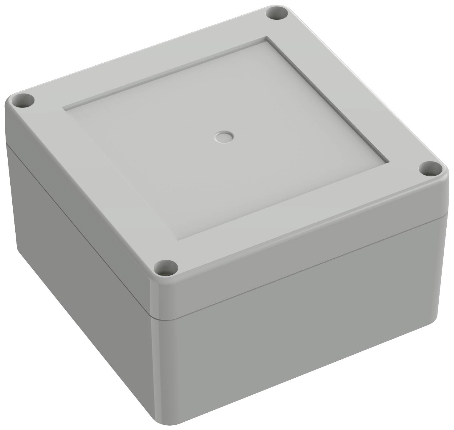Boîtier rectangulaire gris en plastique avec quatre trous de vis aux coins, adapté pour l'hébergement de composants électroniques.