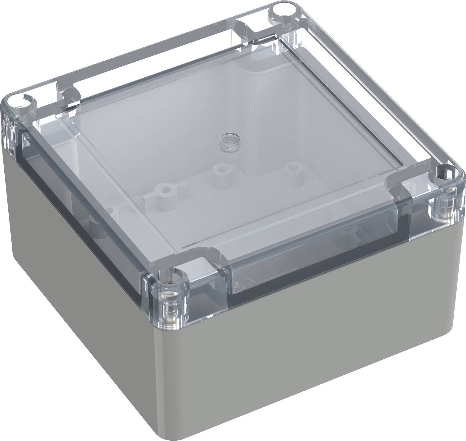 Boîtier en plastique avec couvercle transparent, de forme carrée, adapté pour le logement de composants électroniques.