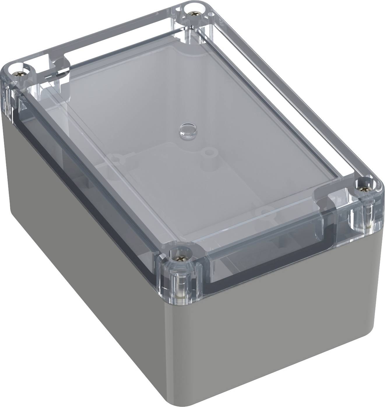 Boîtier gris, rectangulaire, avec un couvercle transparent et des vis aux angles. Adapté pour les composants électroniques.