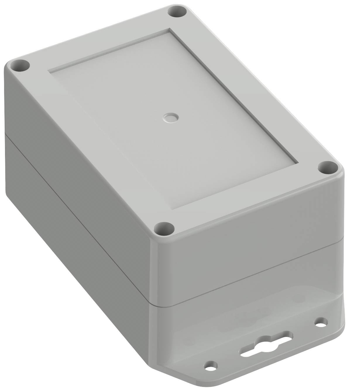 Boîtier en plastique gris, rectangulaire avec des coins arrondis et deux trous de fixation, adapté aux composants électroniques.