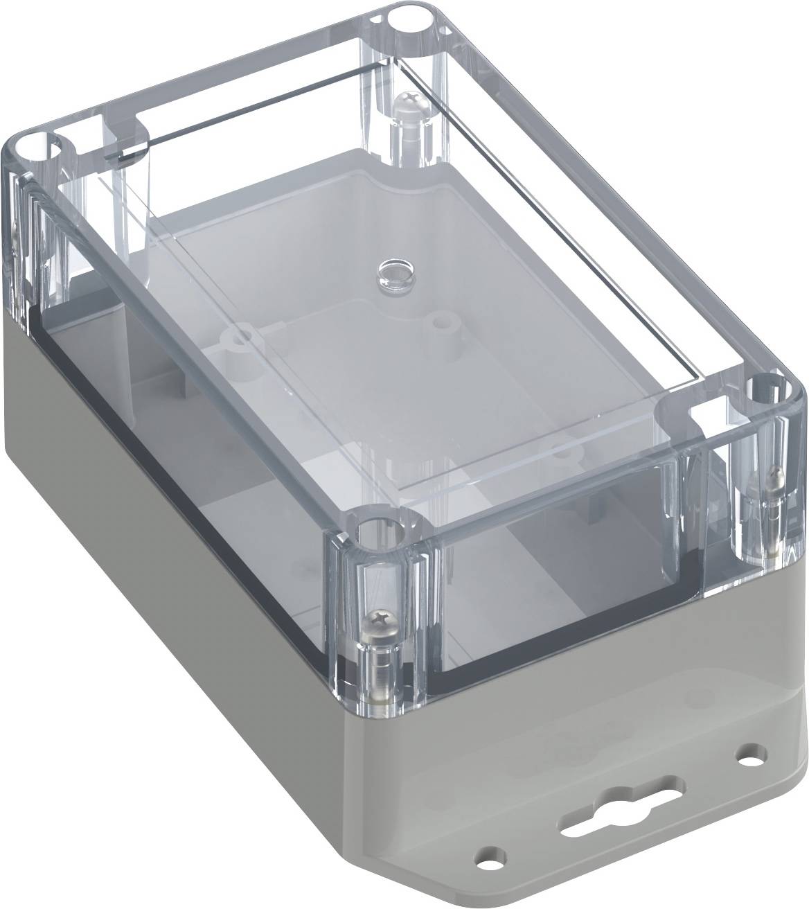Boîte de boîtier électronique rectangulaire transparente en plastique avec un couvercle amovible et quatre trous de vis dans les coins.