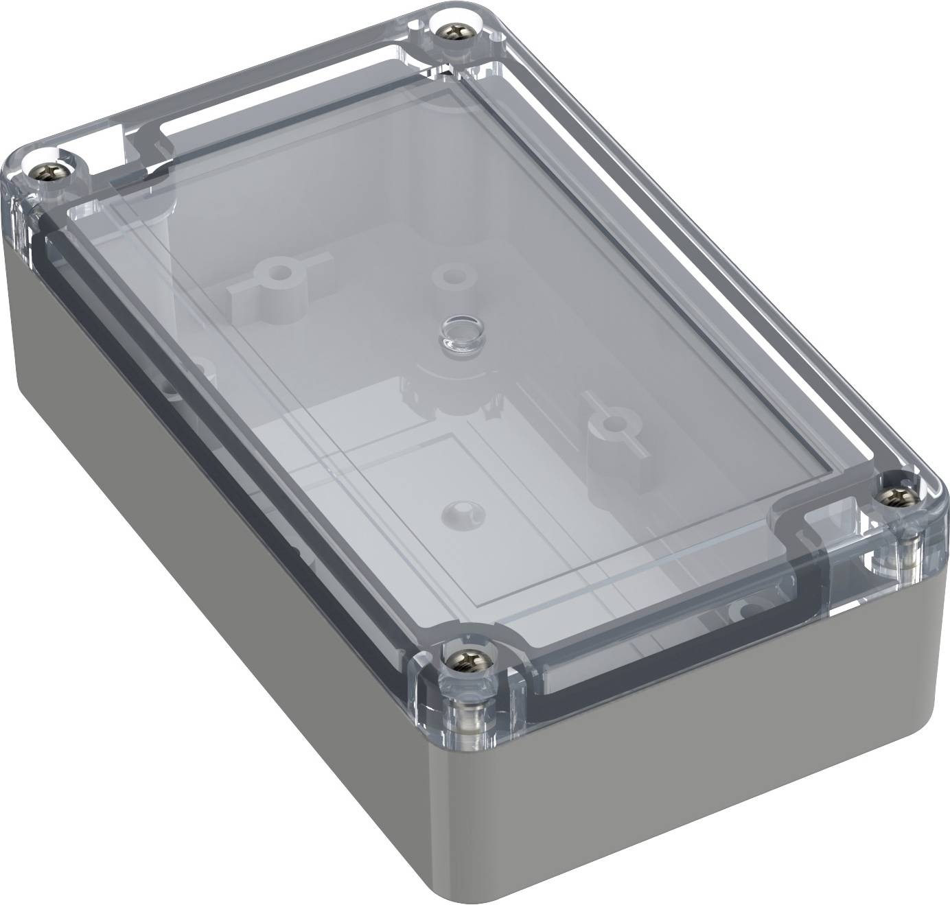 Boîte en plastique transparent avec couvercle vissable et transparent. Adaptée au stockage et à la protection de composants électroniques.
