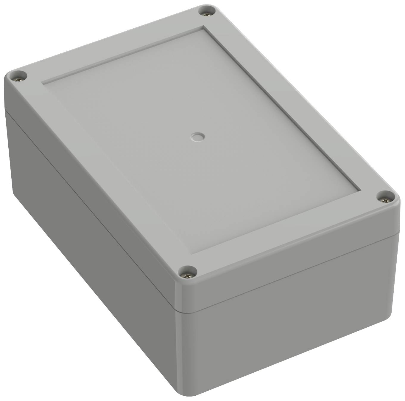 Boîtier en plastique gris, rectangulaire, avec un couvercle amovible et quatre vis aux angles, destiné à protéger des composants électroniques.
