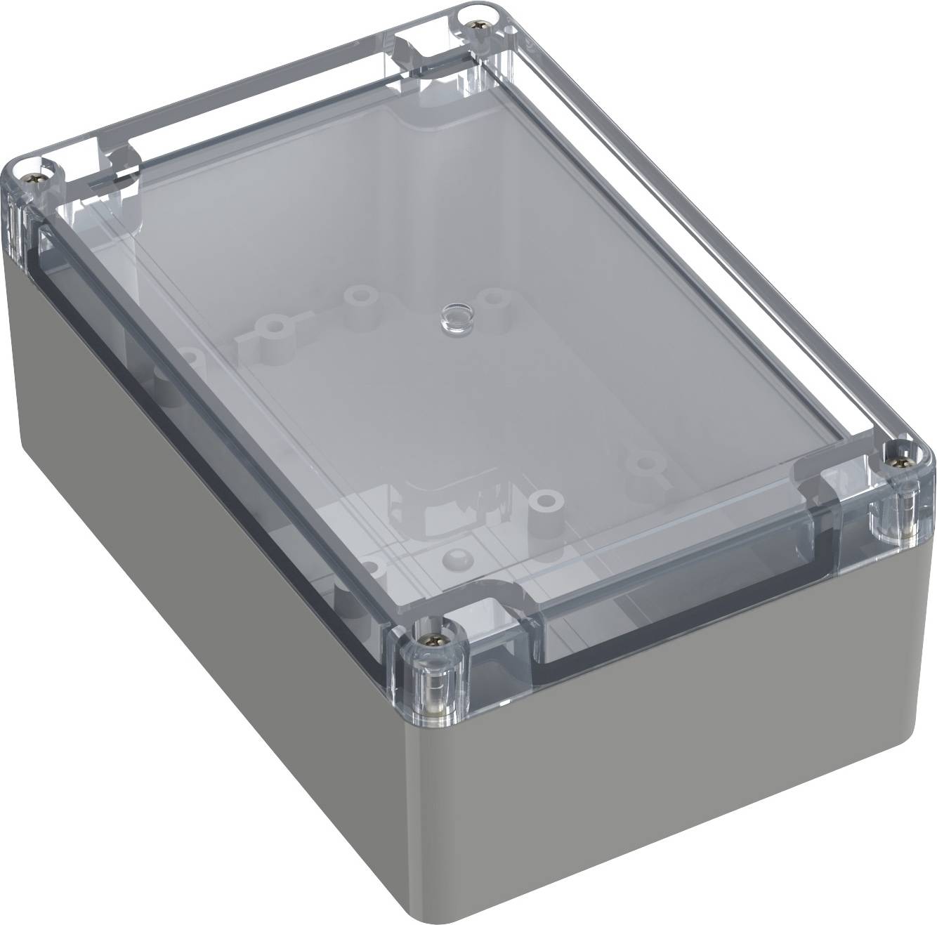 Boîtier rectangulaire en plastique avec couvercle transparent, adapté à la protection des composants électriques en intérieur.