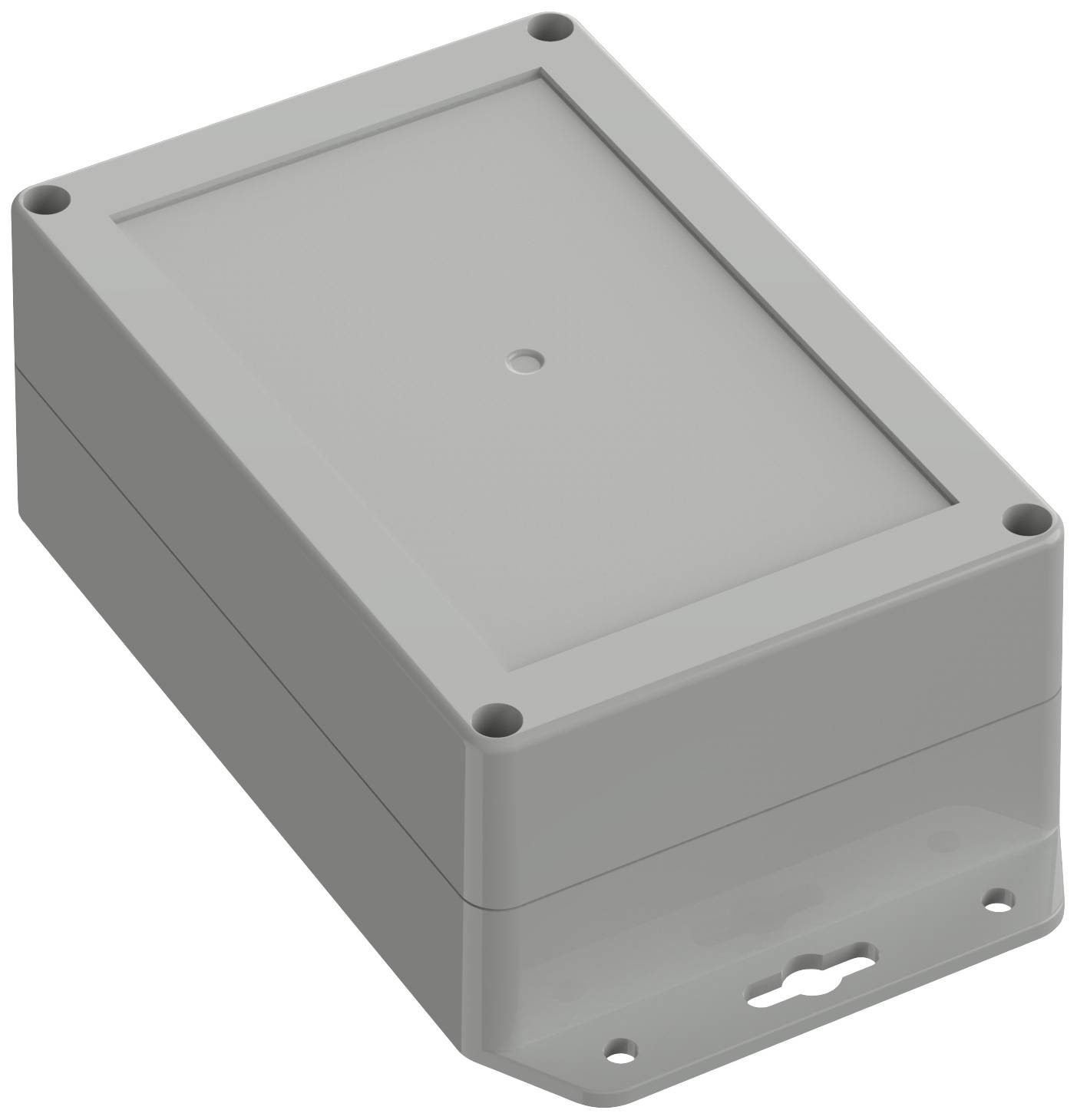 Boîtier rectangulaire gris en plastique avec couvercle amovible et découpes pour montage par vis, adapté aux projets électroniques.