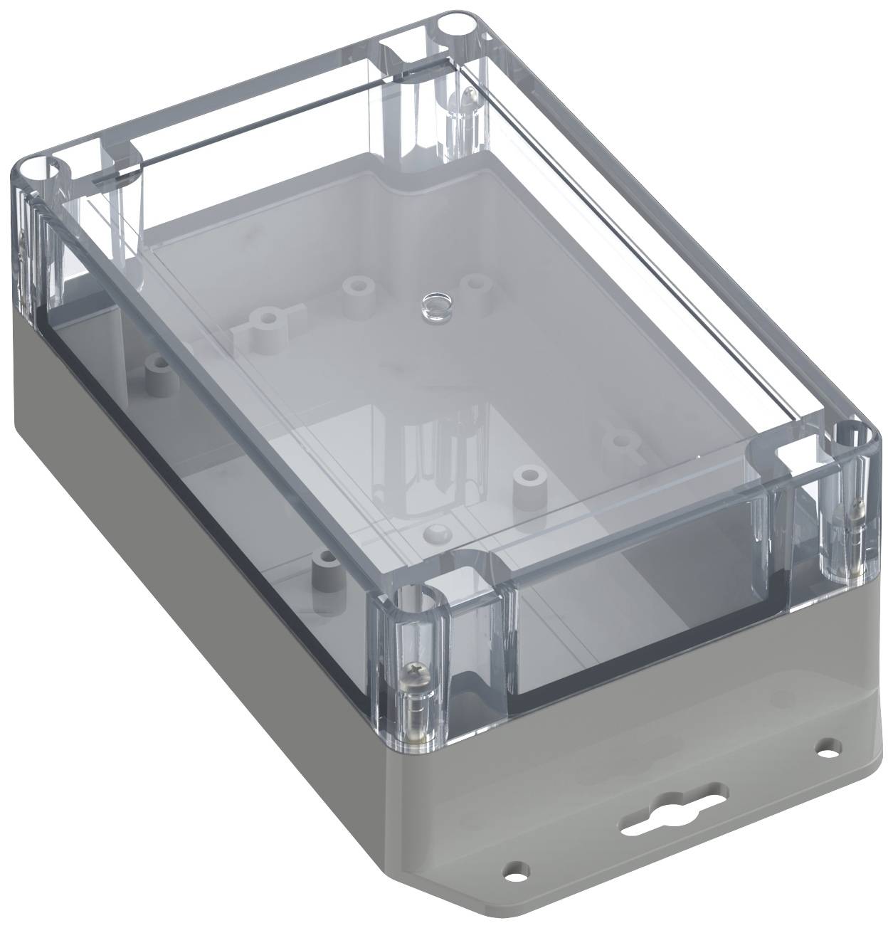 Un boîtier rectangulaire en plastique transparent avec un socle gris, adapté aux composants électroniques.