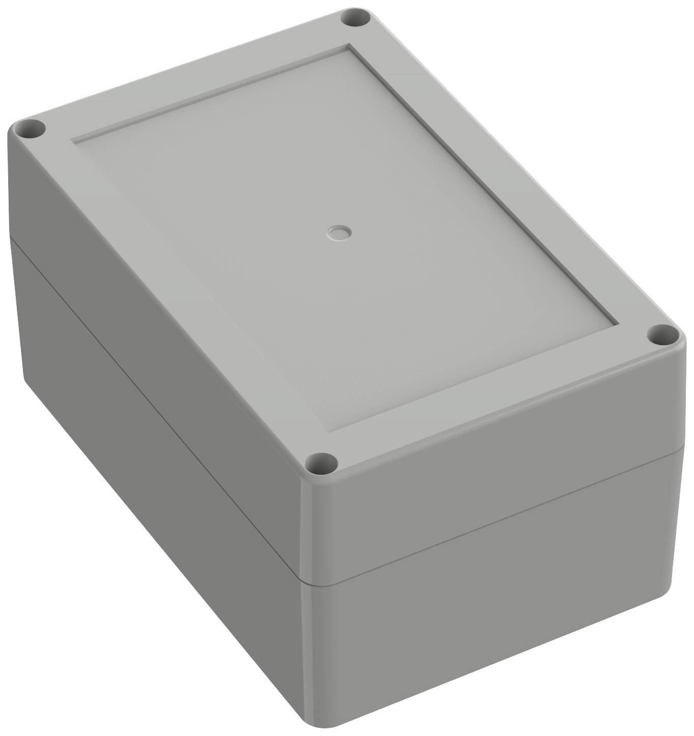 L'image montre un boîtier rectangulaire en plastique gris avec des angles arrondis. Quatre trous de montage sont visibles en haut.