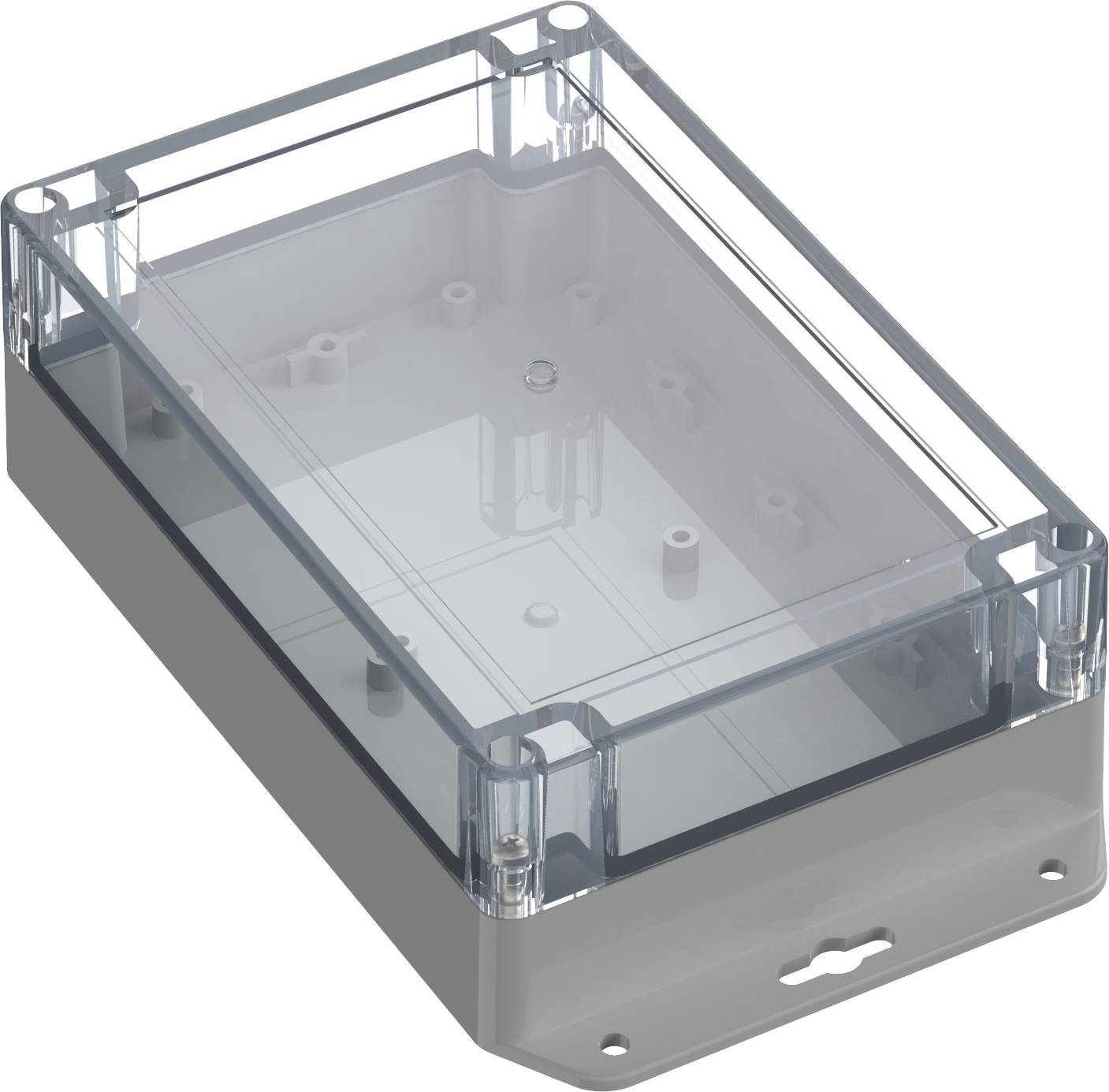 Boîte en plastique transparent avec couvercle amovible, rectangulaire et translucide, adaptée à la protection des composants électriques.