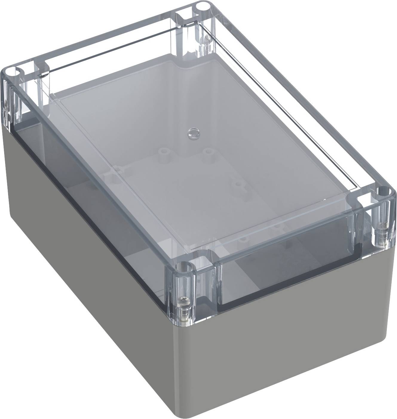Boîtier électronique rectangulaire gris avec un couvercle transparent ; présente des supports de vis dans les coins.