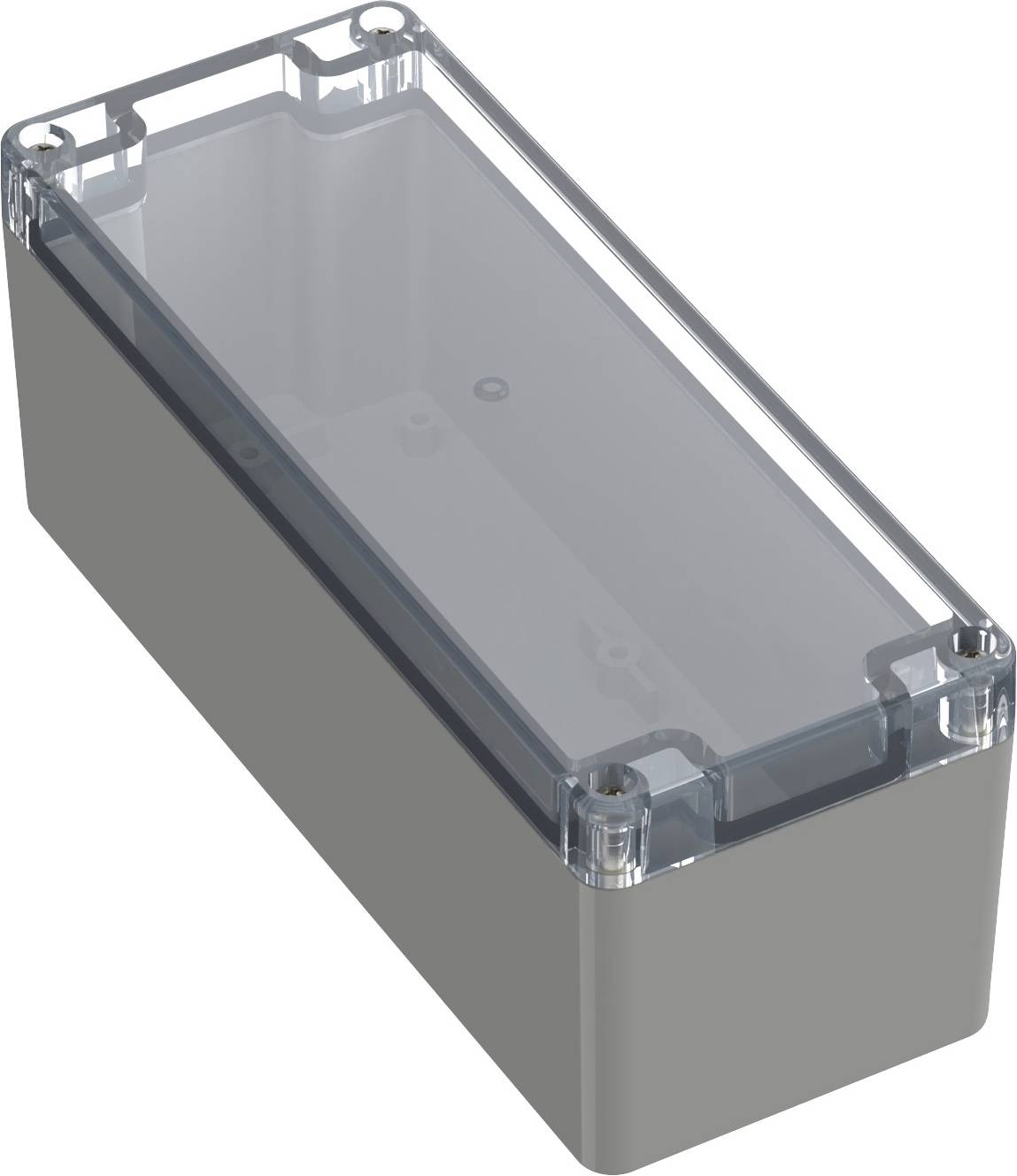 Boîtier rectangulaire gris avec couvercle transparent, adapté pour le logement de composants électroniques. Fixations par vis aux angles.
