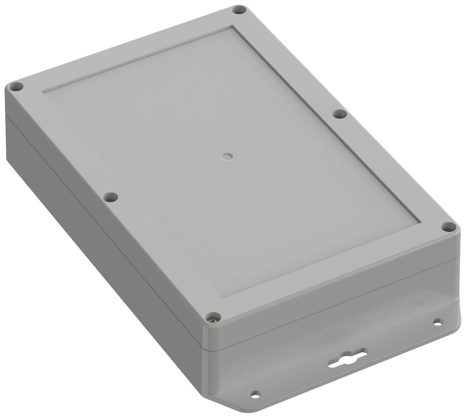 Boîtier électronique rectangulaire gris en plastique, couvercle plat, coins arrondis, six trous de fixation pour vis.