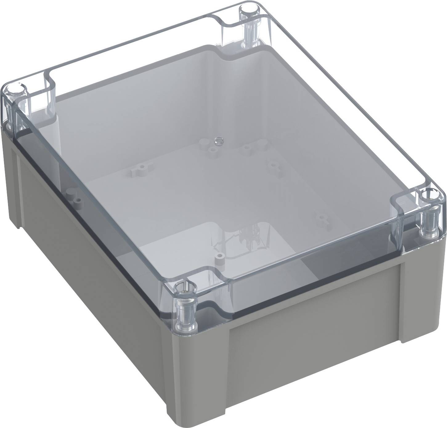 Récipient rectangulaire gris en plastique avec un couvercle transparent. Les coins du couvercle sont arrondis. Le récipient est vide.